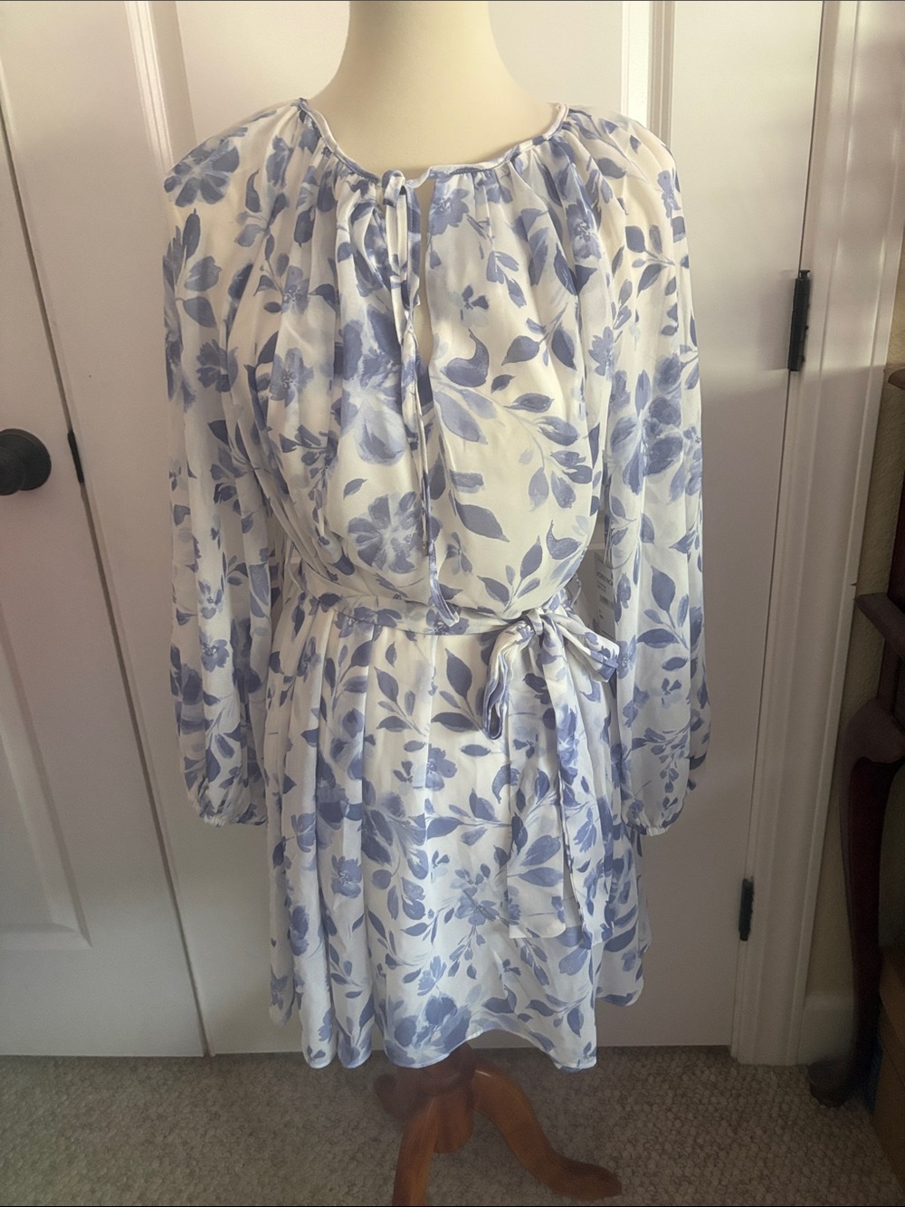 NWT Parker Size Small Blue Floral  long sleeve Tie waist dress